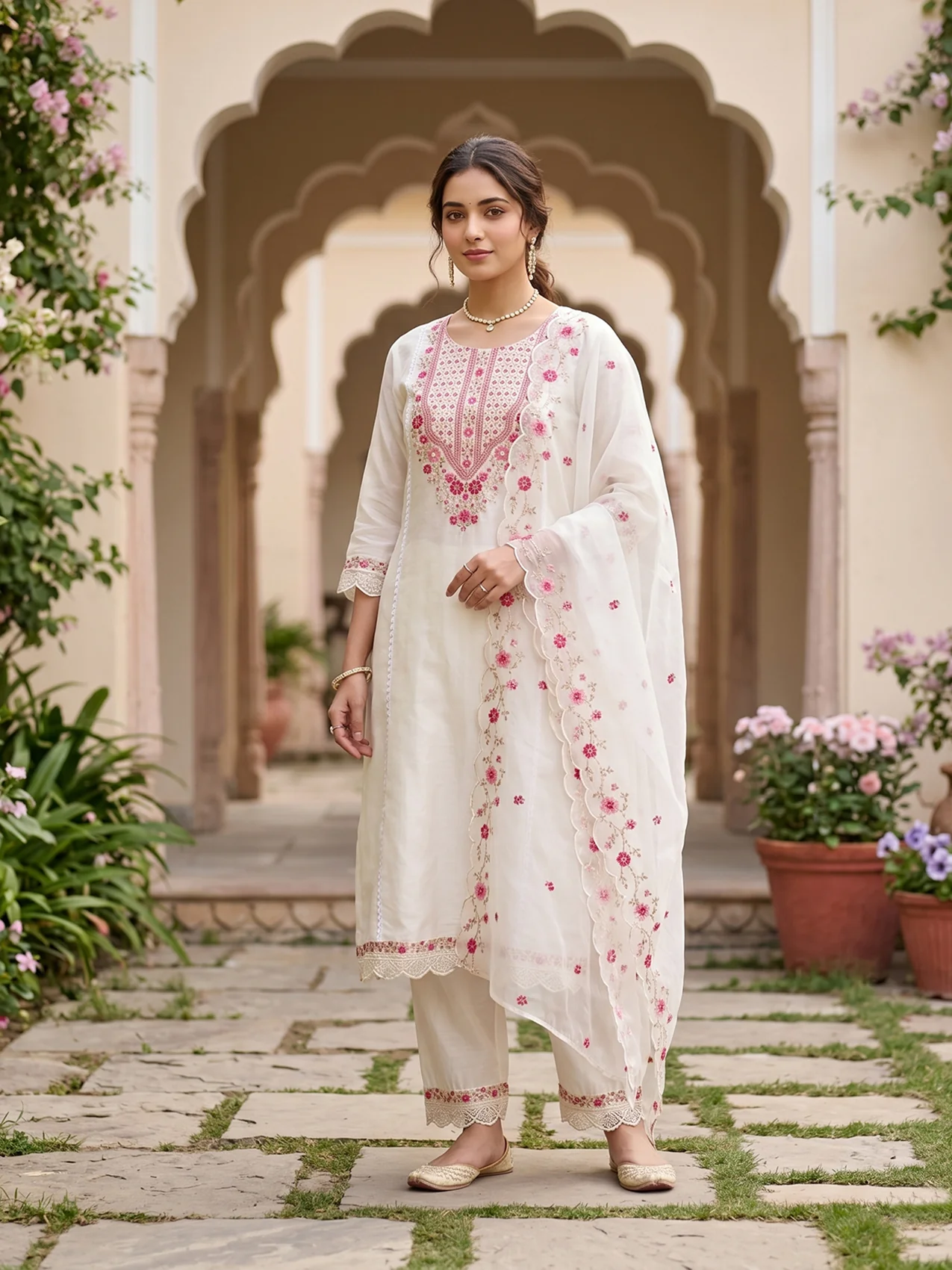 Off White Art Silk Threadwork A Line Kurta With Pant Regular And Dupatta